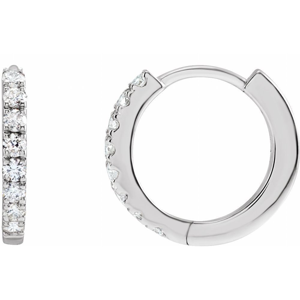 Angle view of 12mm diamond huggie earrings white gold