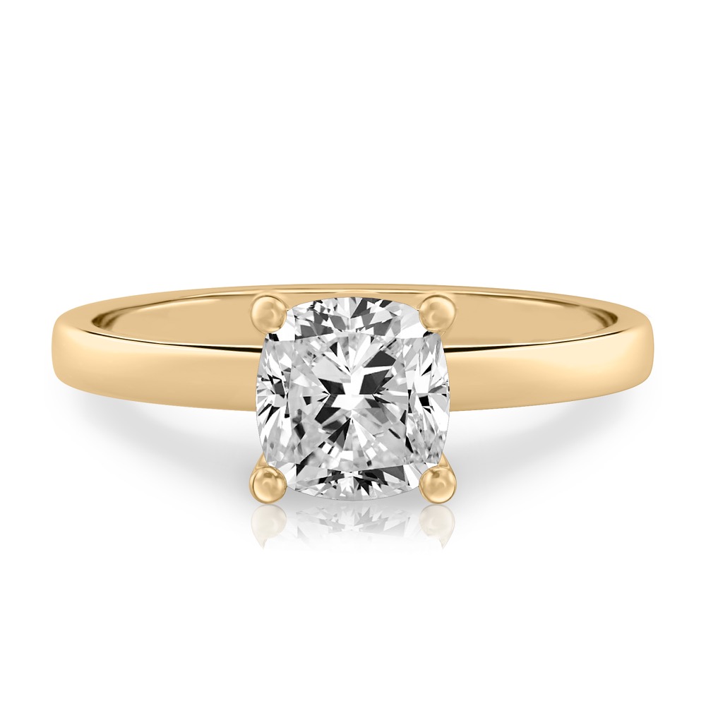 cushion cut diamond basket setting engagement ring yellow gold