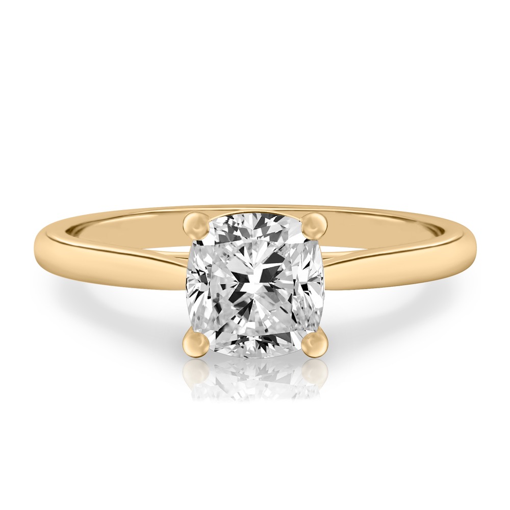 cushion cut diamond cathedral solitaire engagement ring yellow gold