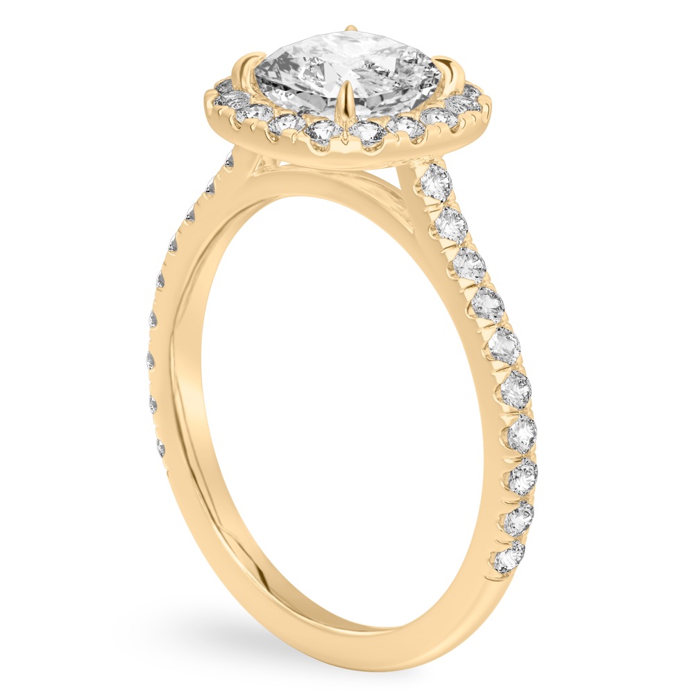 Angle view of cushion cut diamond cushion halo engagement ring yellow gold