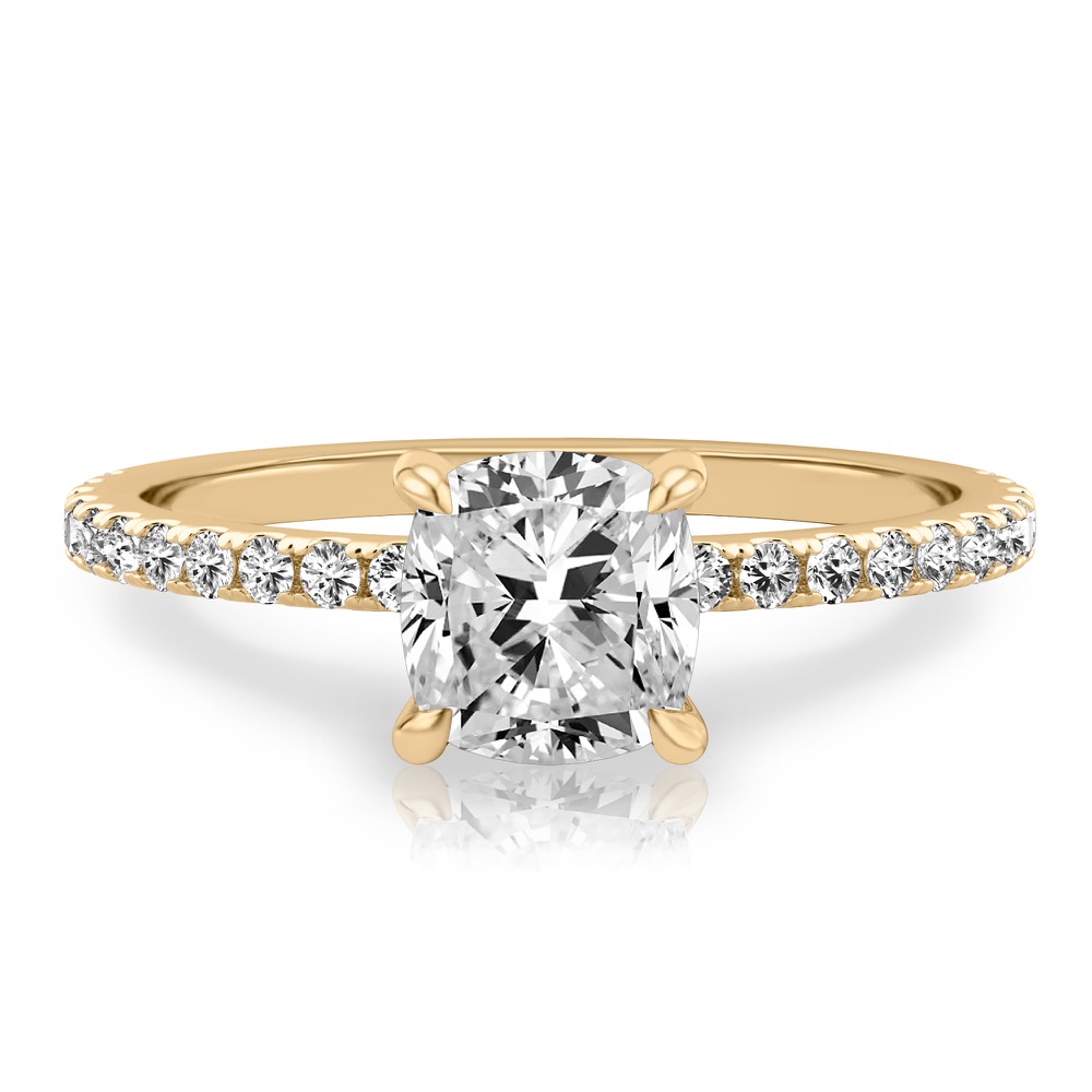 cushion cut diamond delicate pave engagement ring in yellow gold