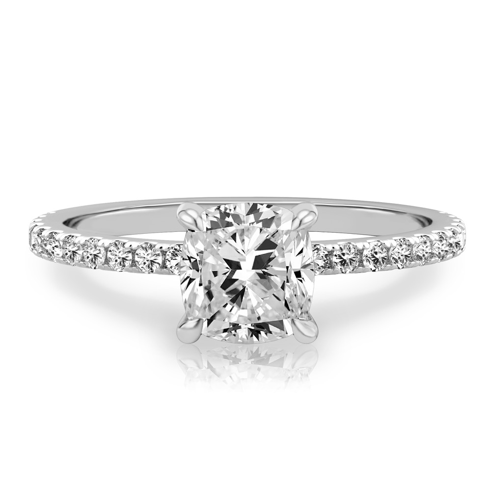 cushion cut diamond delicate pave hidden halo engagement ring in white gold