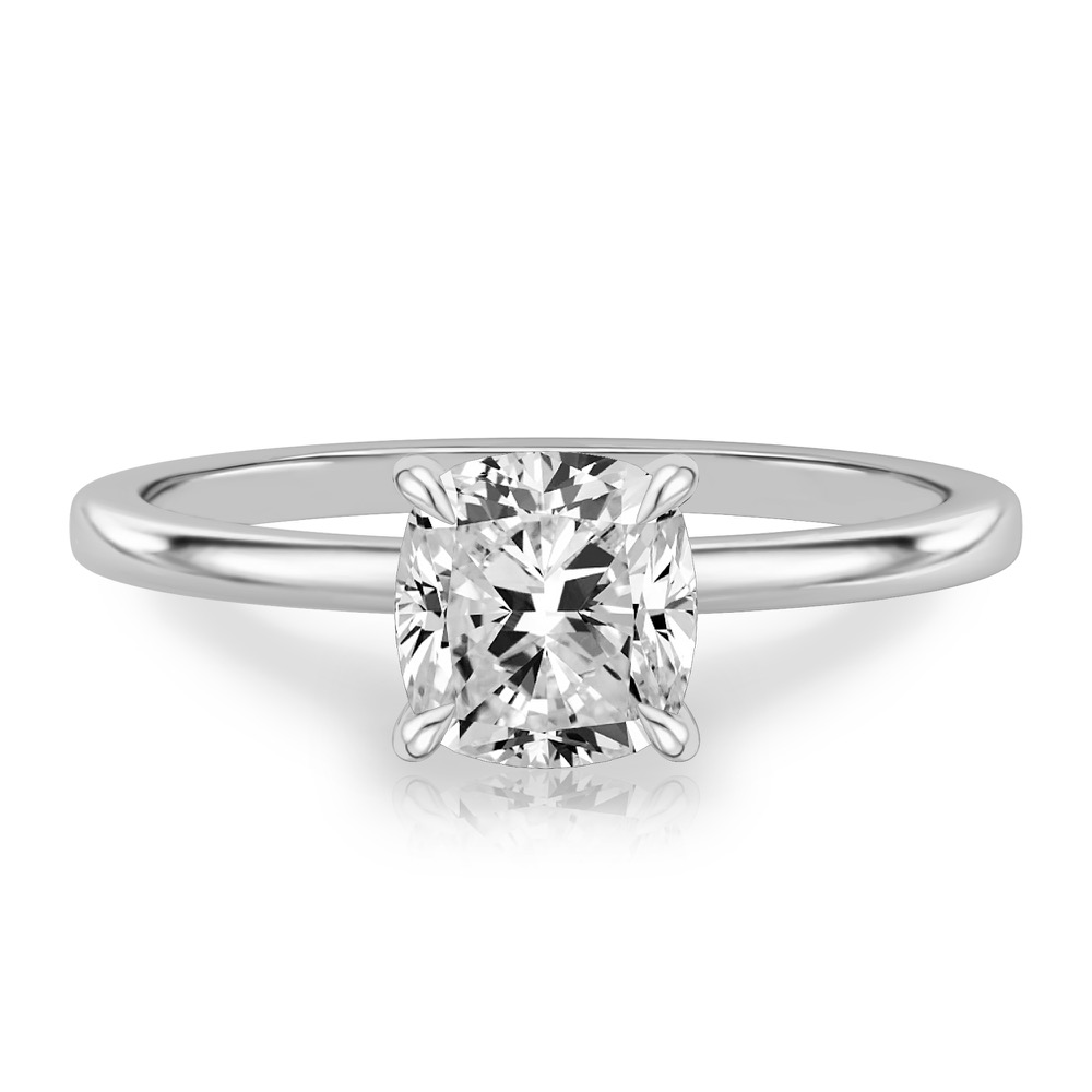 cushion cut diamond hidden halo engagement ring in white gold