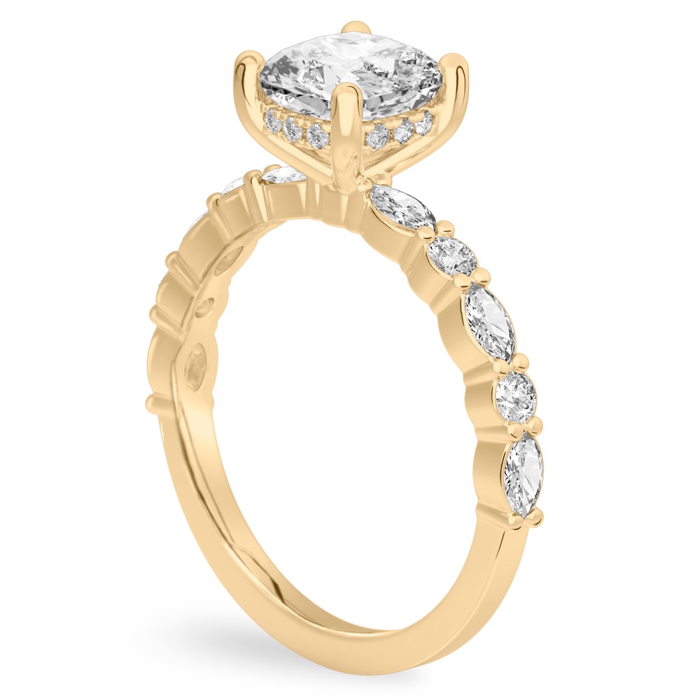 Angle view of cushion cut diamond hidden halo marquise and round diamond ring yellow gold