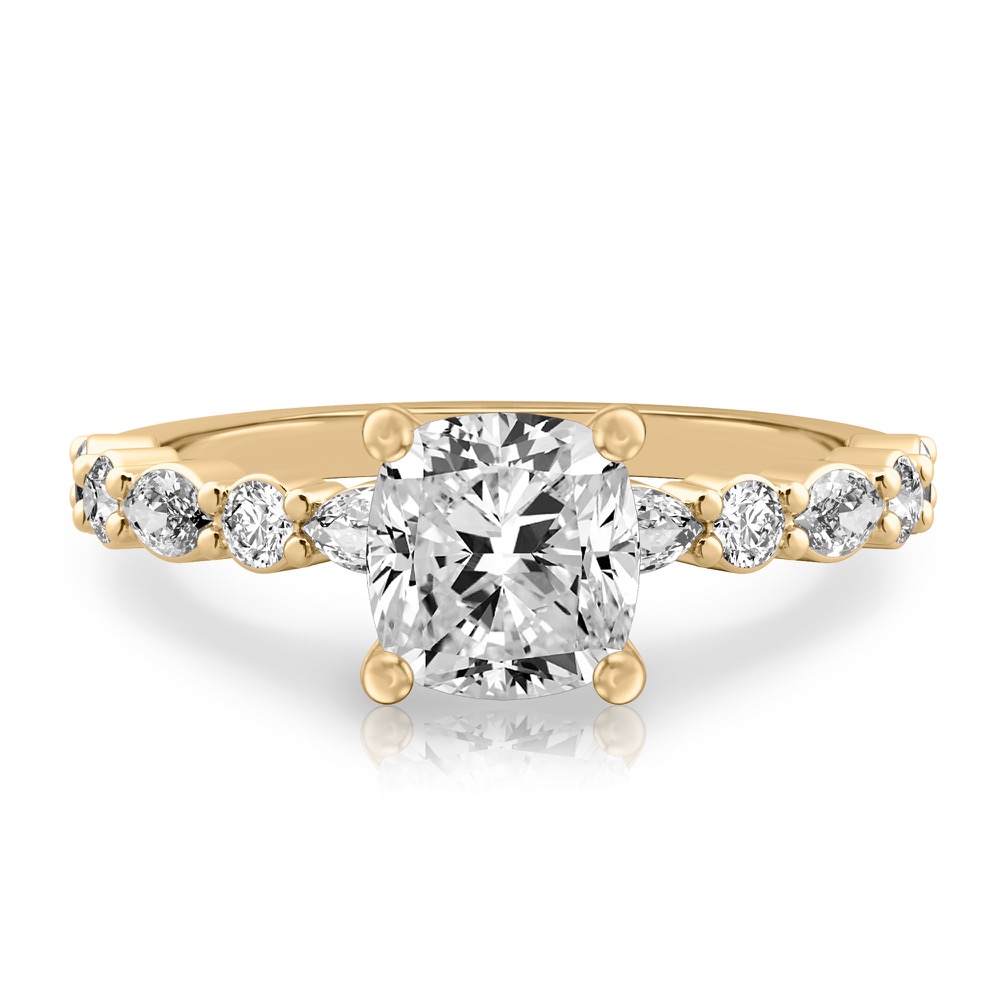 cushion cut diamond hidden halo marquise and round diamond ring yellow gold