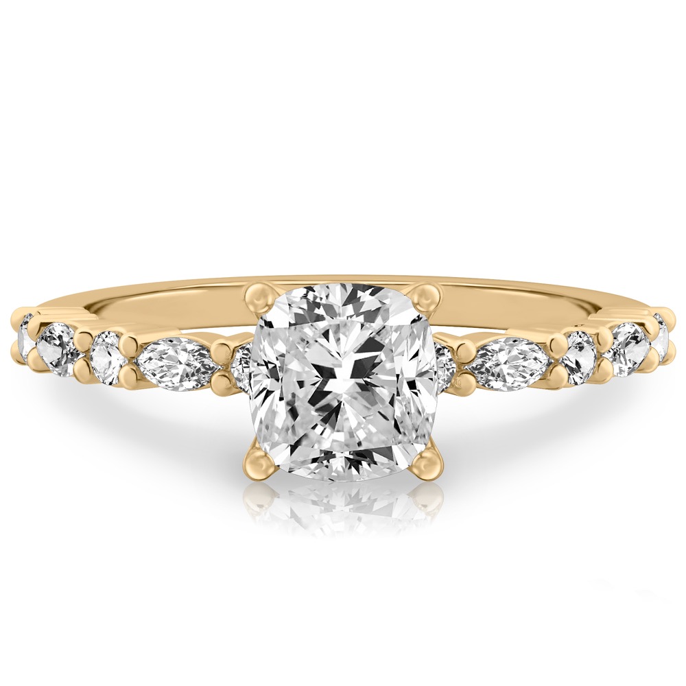 cushion cut diamond marquise and round diamond ring yellow gold