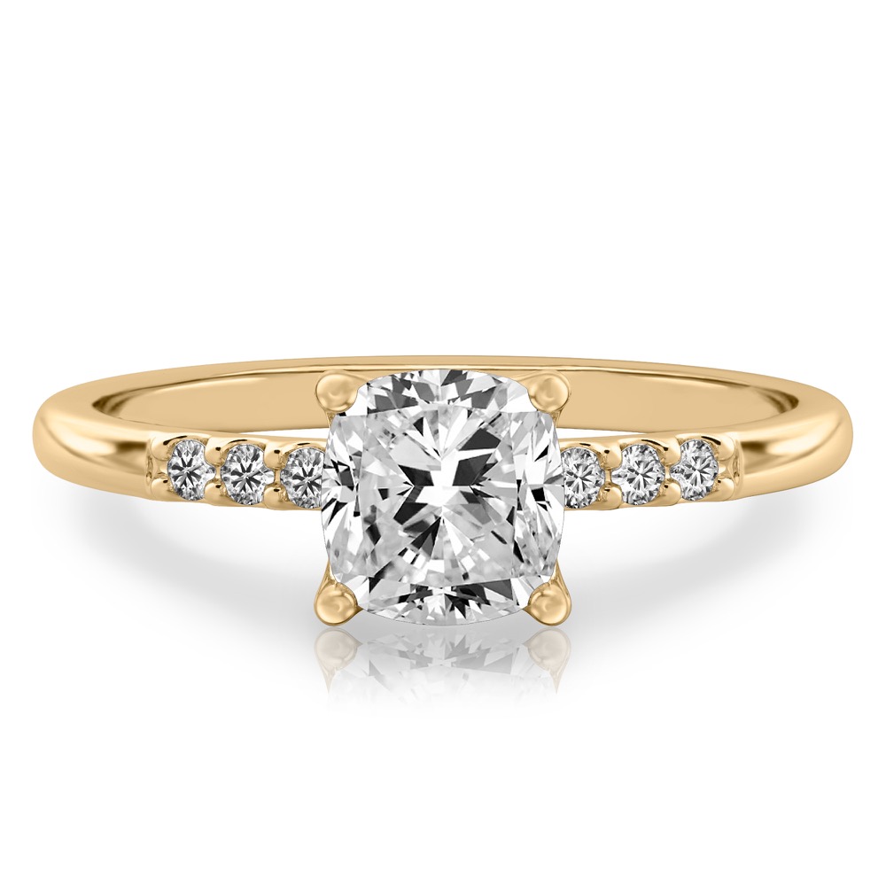 cushion cut diamond minimalist pave engagement ring in yellow gold