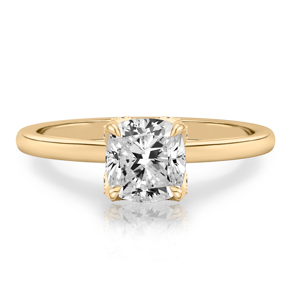 cushion cut diamond pave petal prong engagement ring in yellow gold