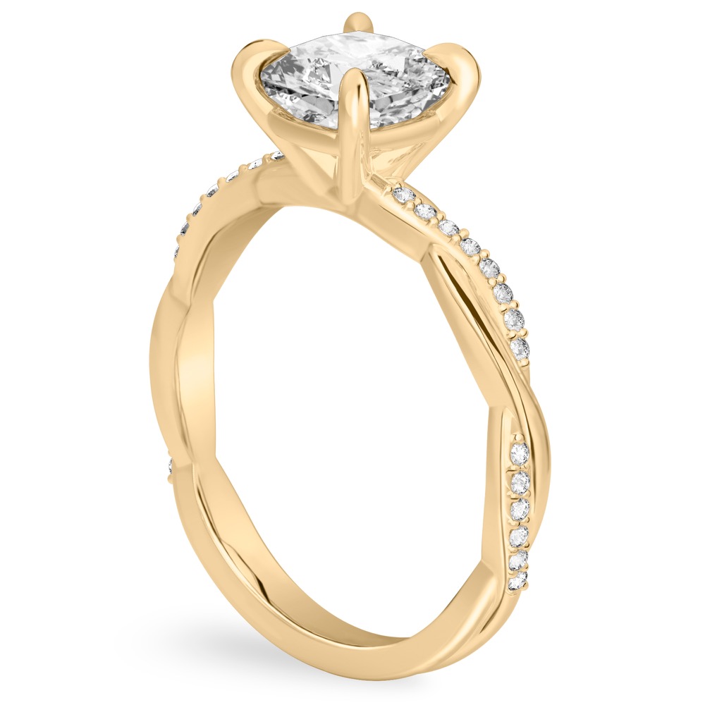 cushion cut diamond twist engagement ring yellow gold angle