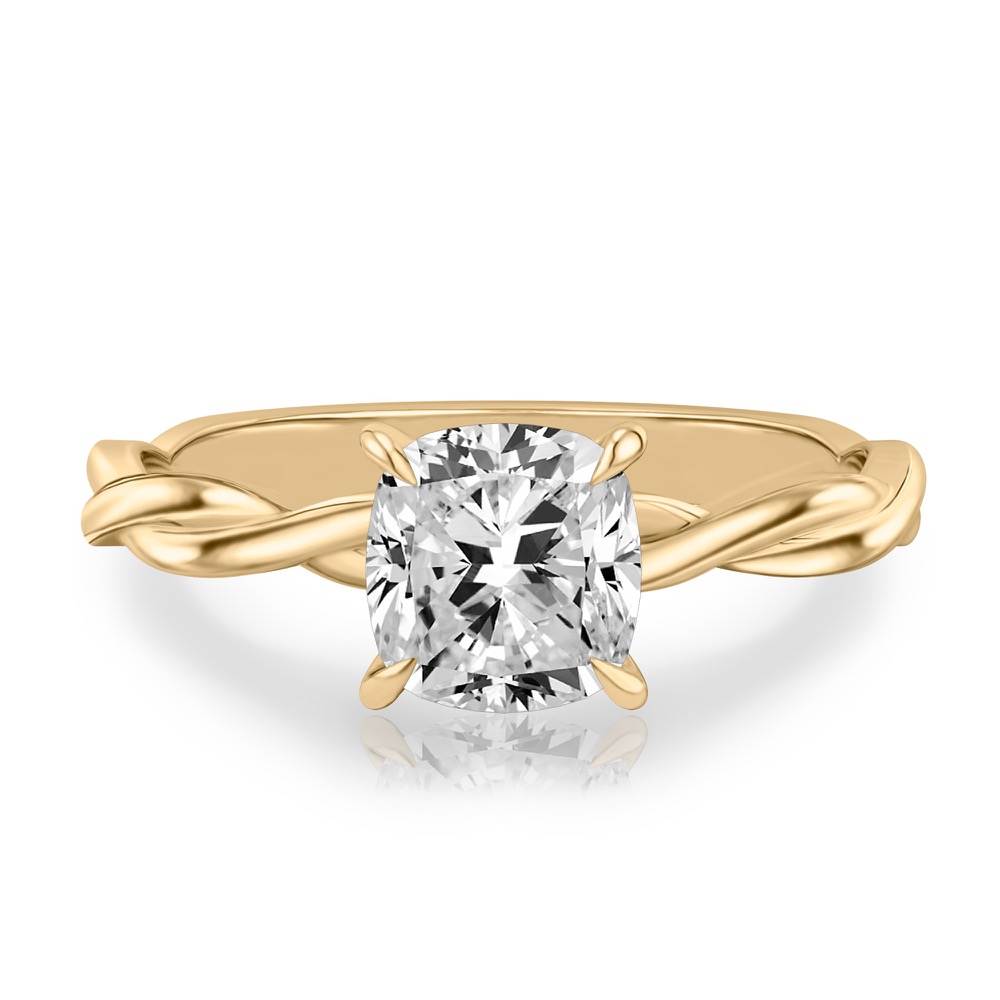 cushion cut diamond twisted hidden halo engagement ring in yellow gold