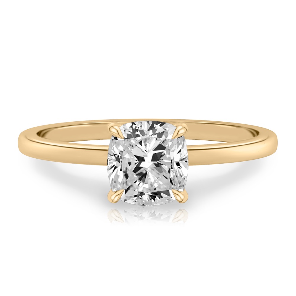 cushion cut diamond ultra low hidden halo engagement ring in yellow gold