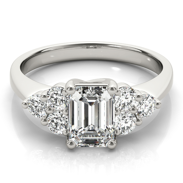 cluster side stone trellis engagement ring in white gold with emerald cut diamond