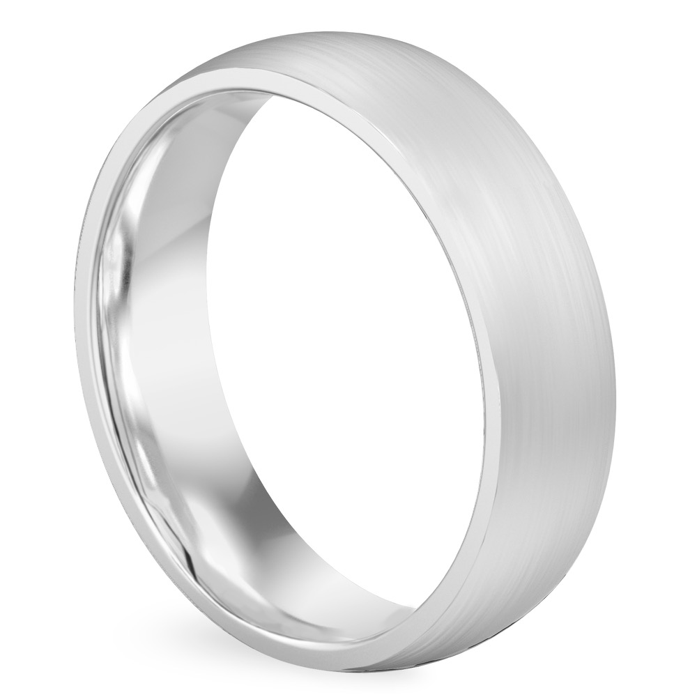 Angle view of matte wedding band in white gold