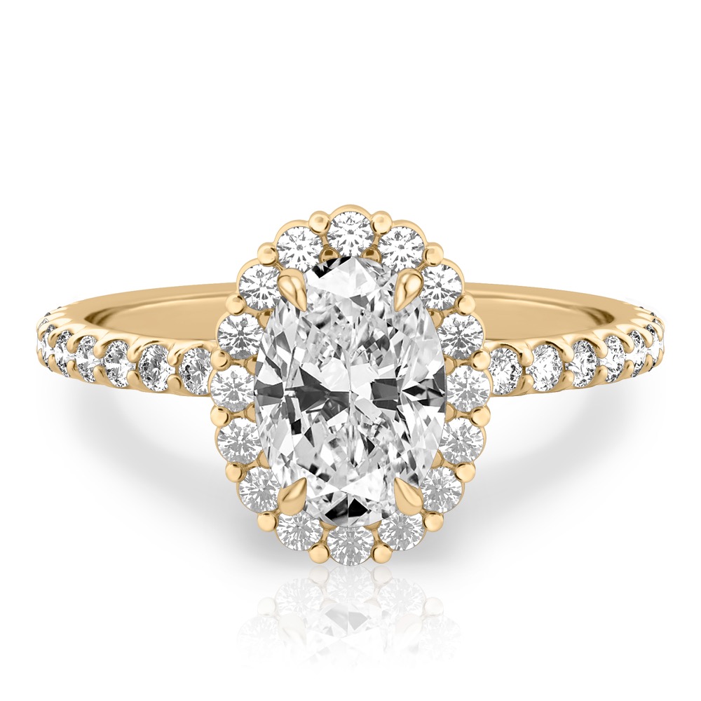 oval shape diamond scalloped halo engagement ring yellow gold