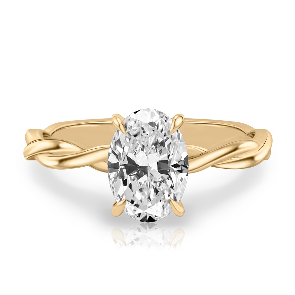 oval shape diamond twisted hidden halo engagement ring in yellow gold