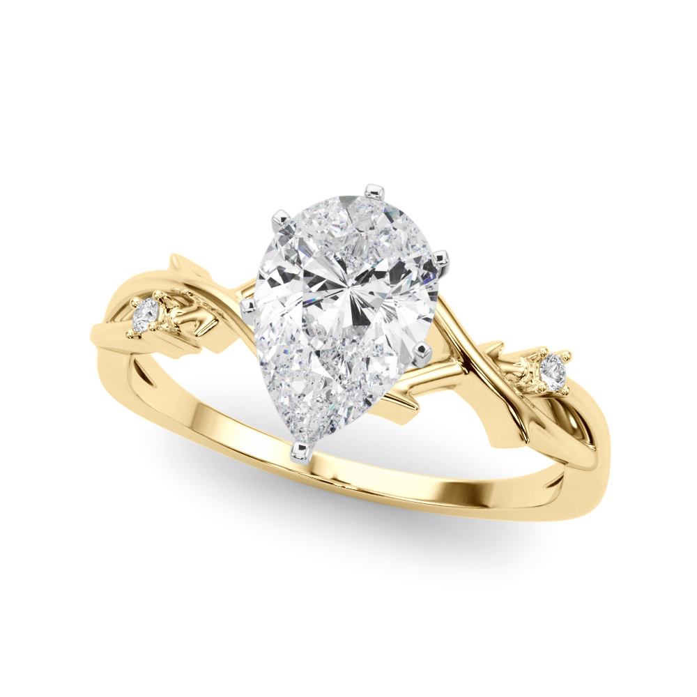 Angle view of pear shape diamond thorn engagement ring yellow gold