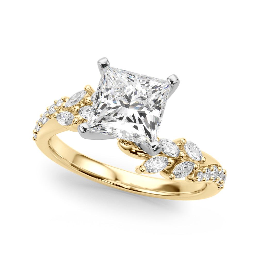 Angle view of princess cut diamond bypass nature inspired engagement ring in yellow gold