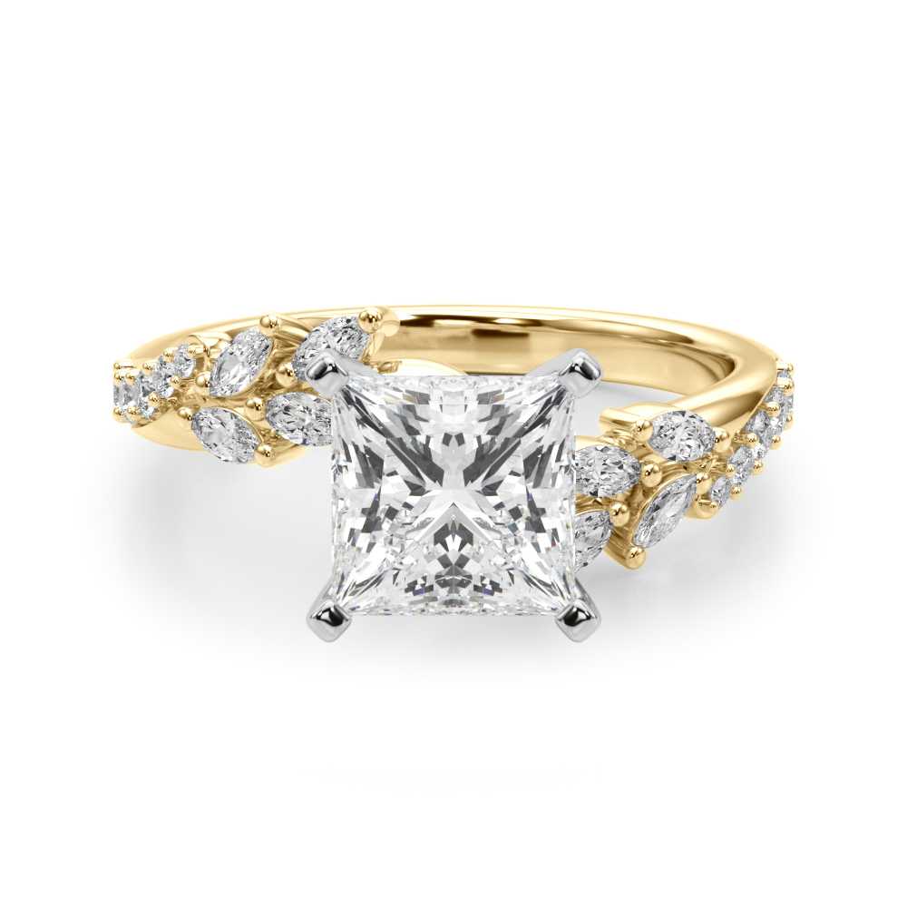 princess cut diamond bypass nature inspired engagement ring in yellow gold