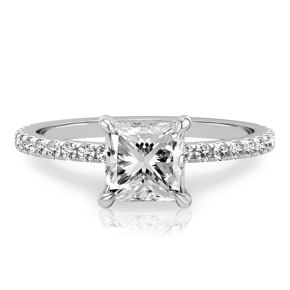 princess cut diamond delicate pave hidden halo engagement ring in white gold