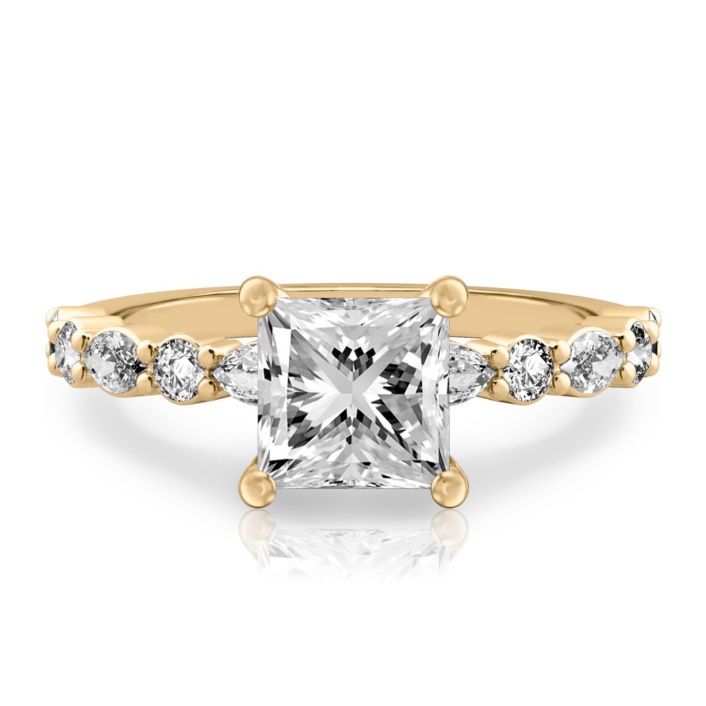 princess cut diamond hidden halo marquise and round diamond ring yellow gold