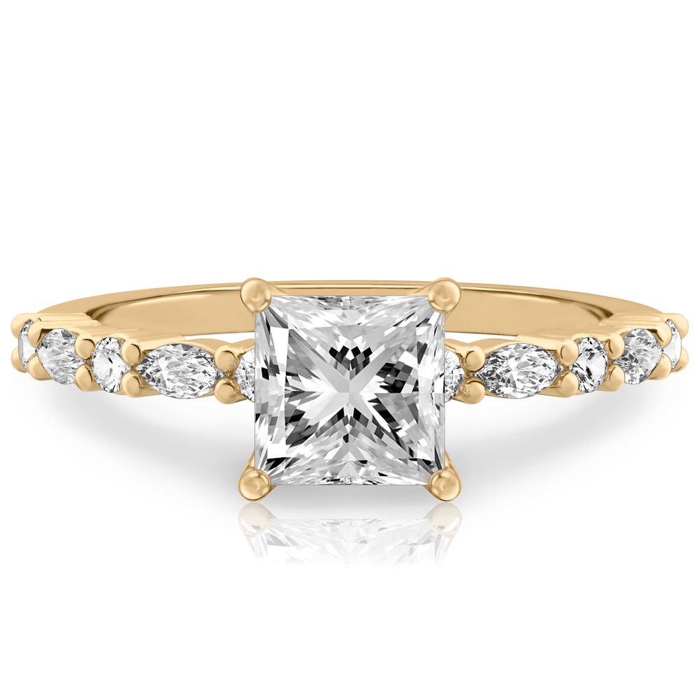 princess cut diamond marquise and round diamond ring yellow gold