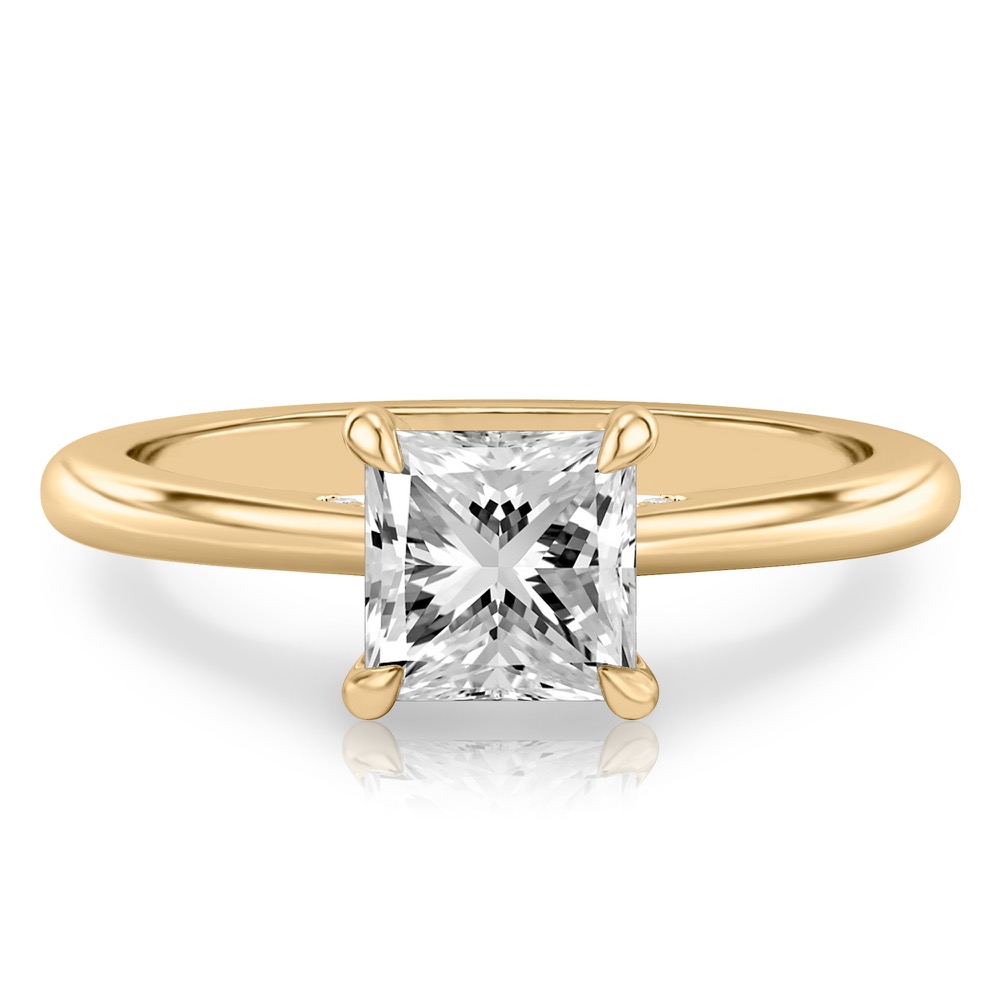 princess cut diamond pave bridge engagement ring in yellow gold