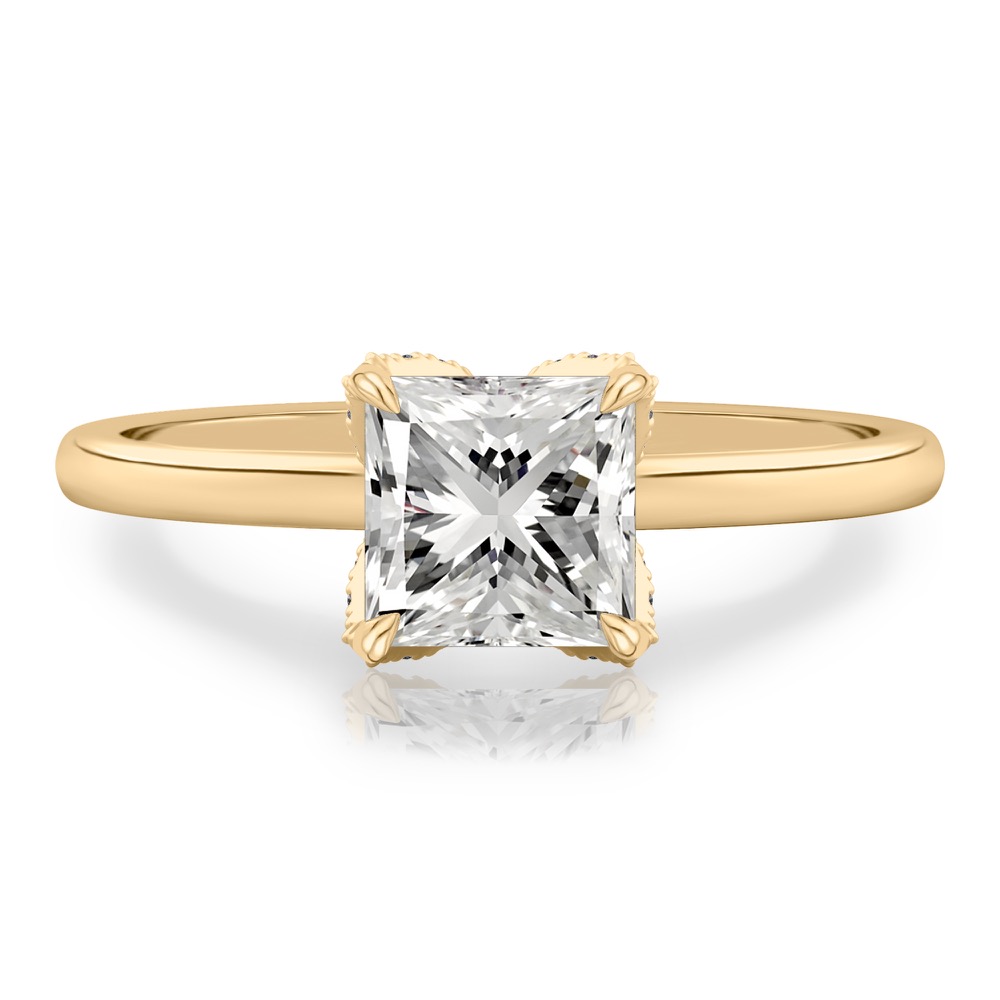 princess cut diamond pave petal prong engagement ring in yellow gold