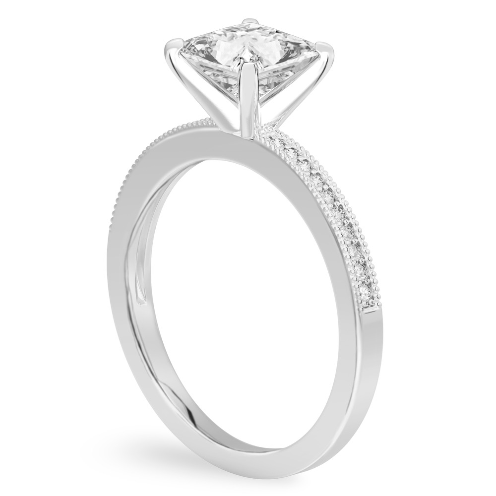 Angle view of princess cut diamond petite milgrain diamond engagement ring in white gold