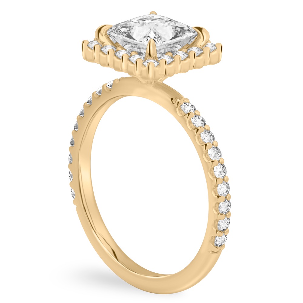 Angle view of princess cut diamond scalloped halo engagement ring yellow gold