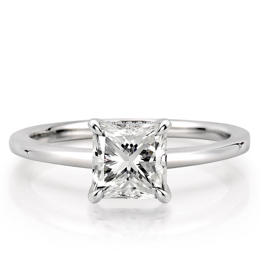 princess cut diamond secret halo engagement ring in white gold