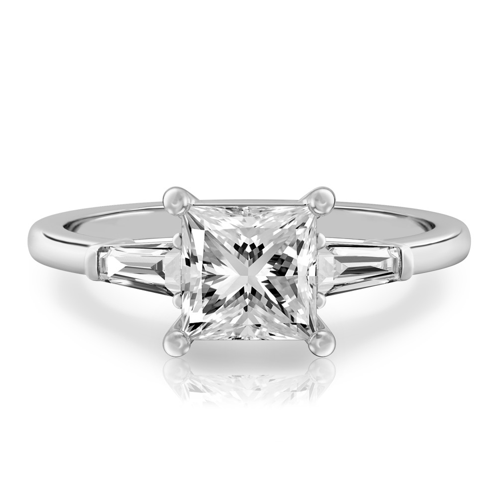 princess cut diamond tapered baguette engagement ring in white gold