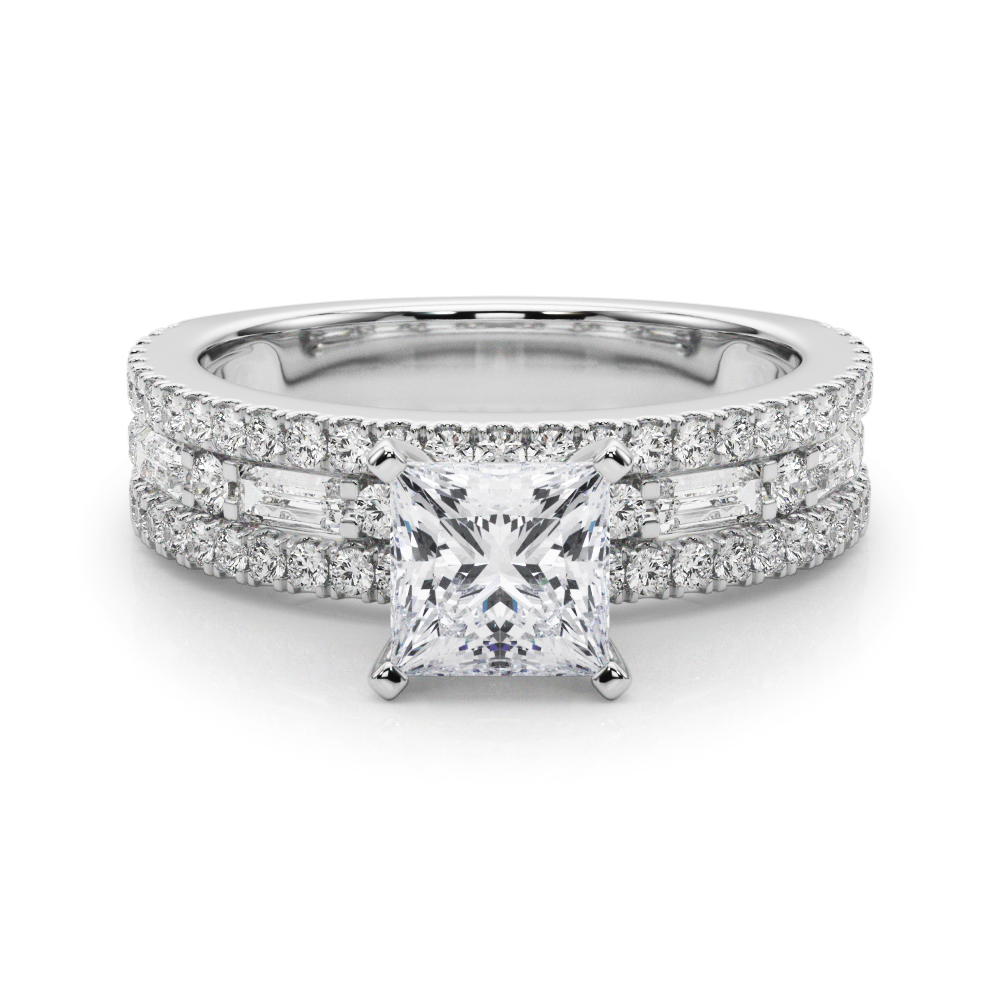 princess cut diamond triple row engagement ring in white gold