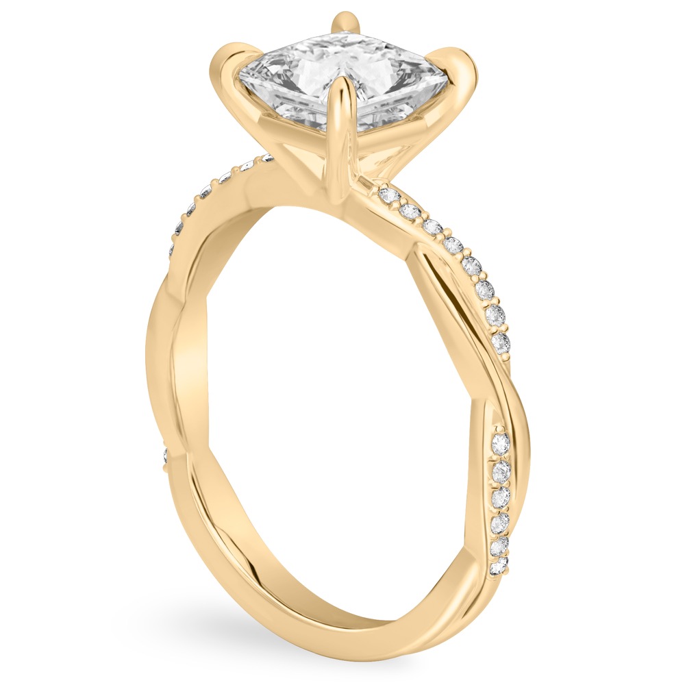 princess cut diamond twist engagement ring yellow gold angle