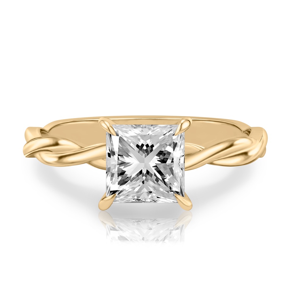 princess cut diamond twisted hidden halo engagement ring in yellow gold