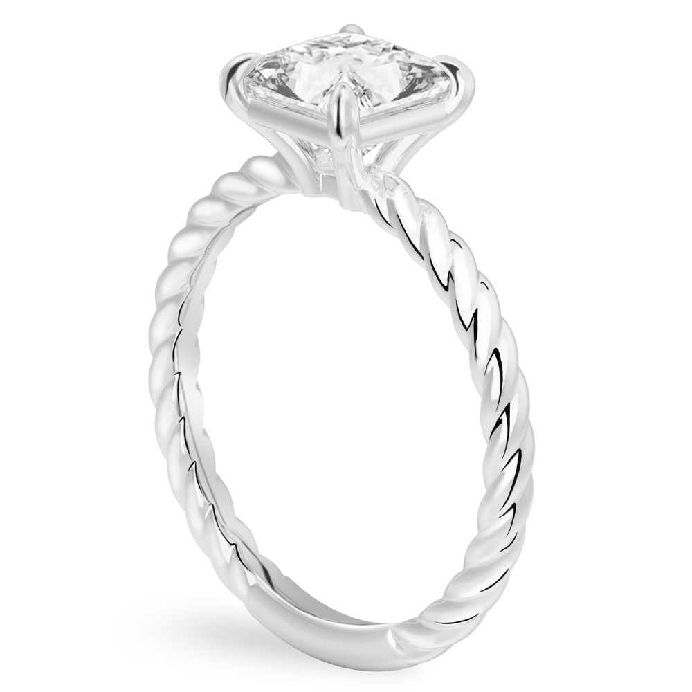 Angle view of princess cut diamond twisted rope engagement ring in white gold