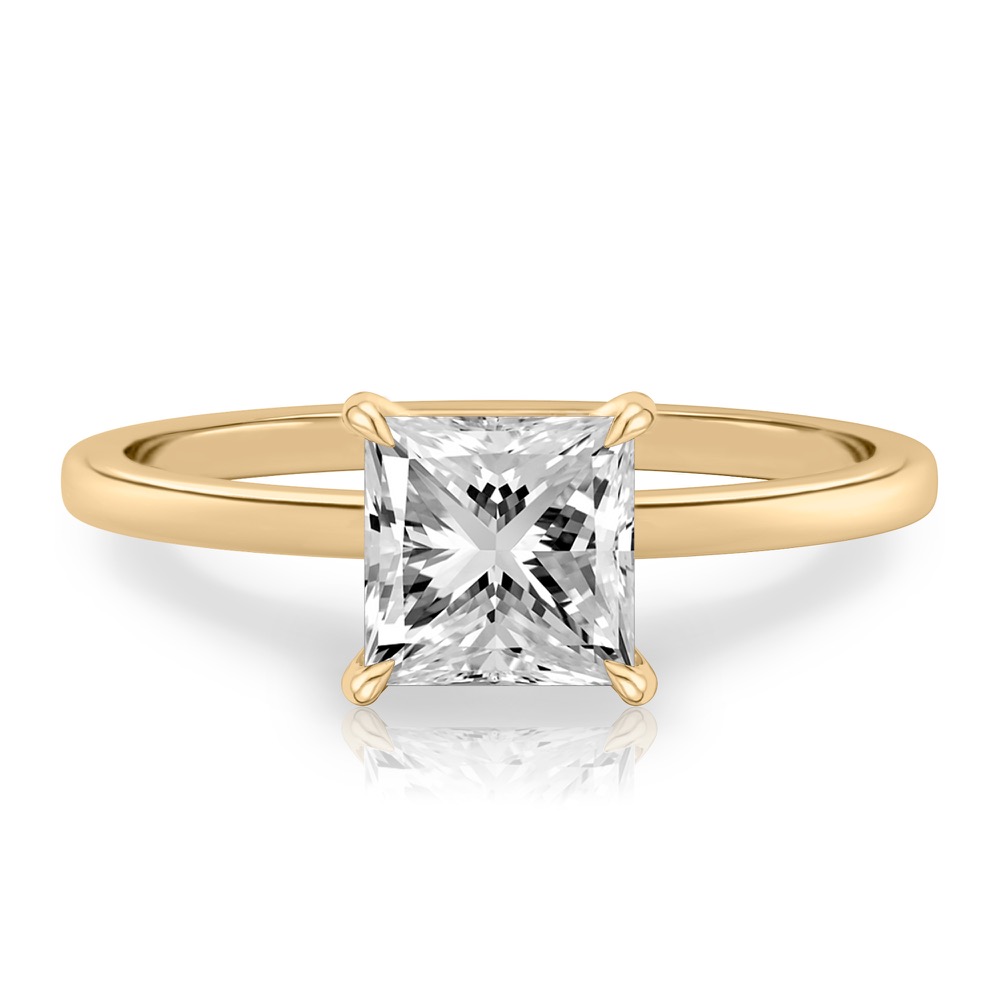 princess cut diamond ultra low hidden halo engagement ring in yellow gold