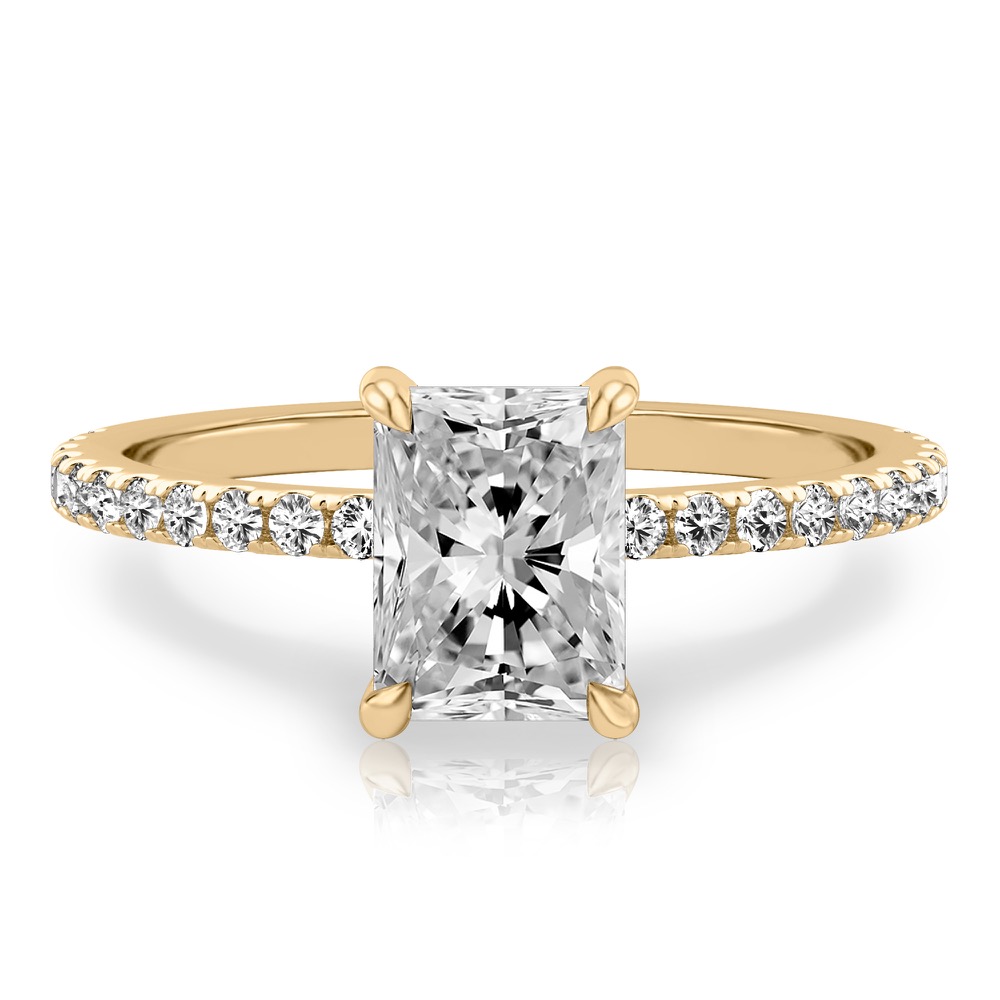 radiant cut diamond delicate pave engagement ring in yellow gold