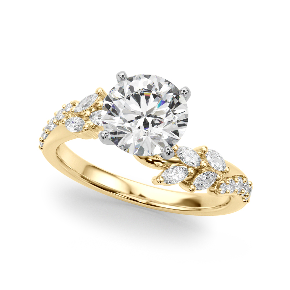 Angle view of round cut diamond bypass nature inspired engagement ring in yellow gold