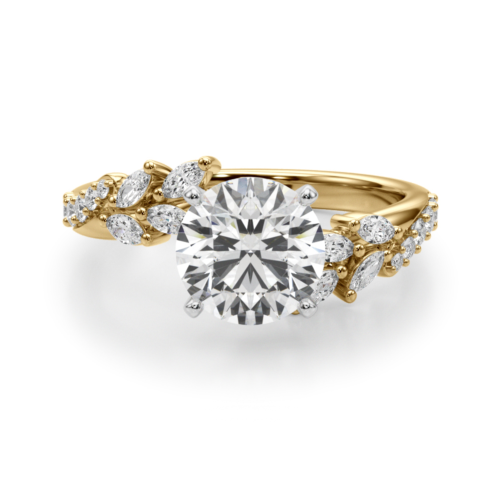 round cut diamond bypass nature inspired engagement ring in yellow gold