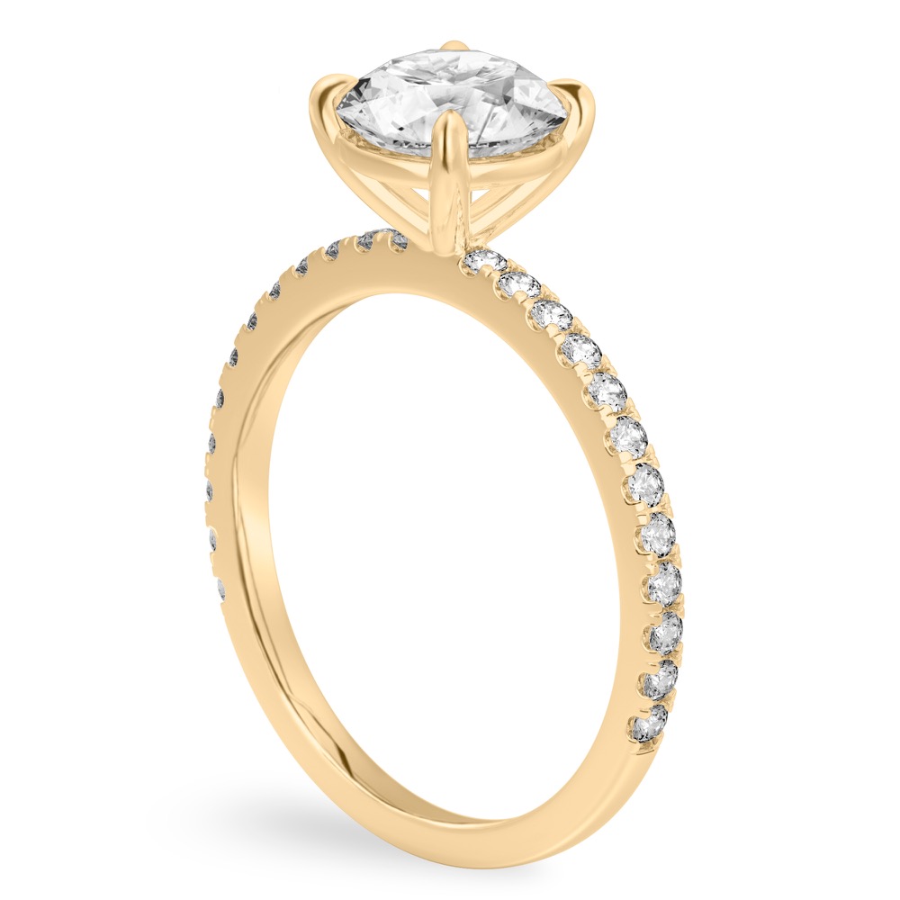 Angle view of round cut diamond delicate pave engagement ring in yellow gold