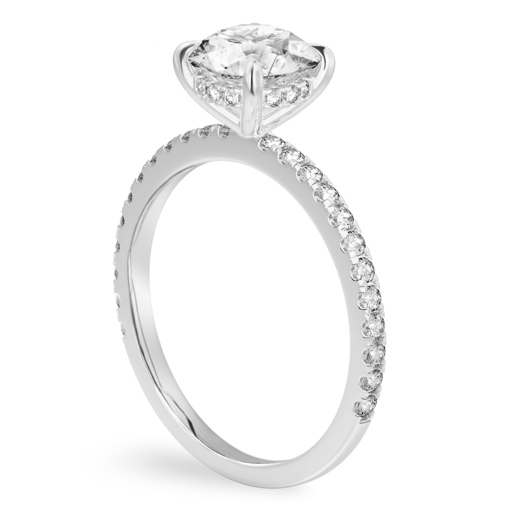 Angle view of round cut diamond delicate pave hidden halo engagement ring in white gold