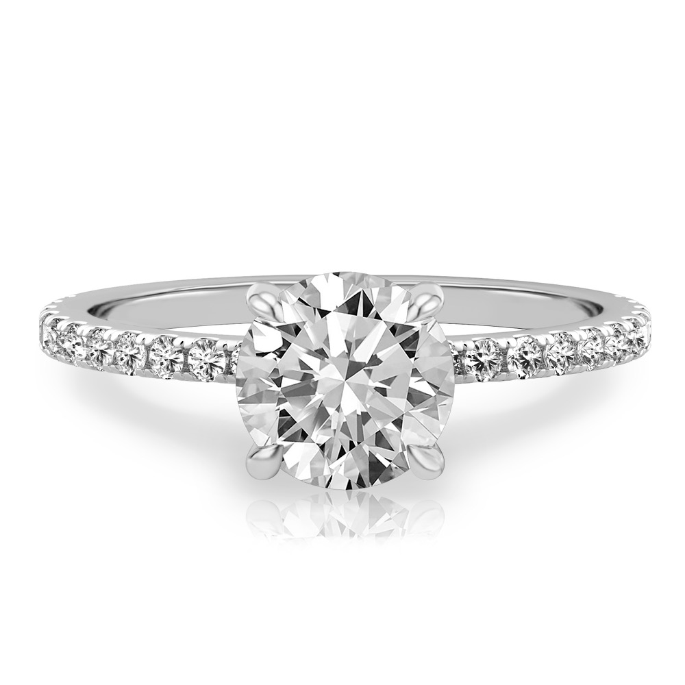 round cut diamond delicate pave hidden halo engagement ring in white gold