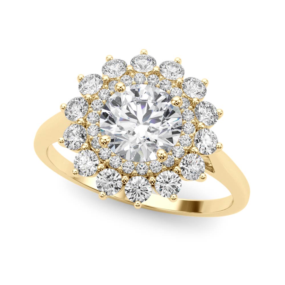 round cut diamond double halo engagement ring yellow gold angle