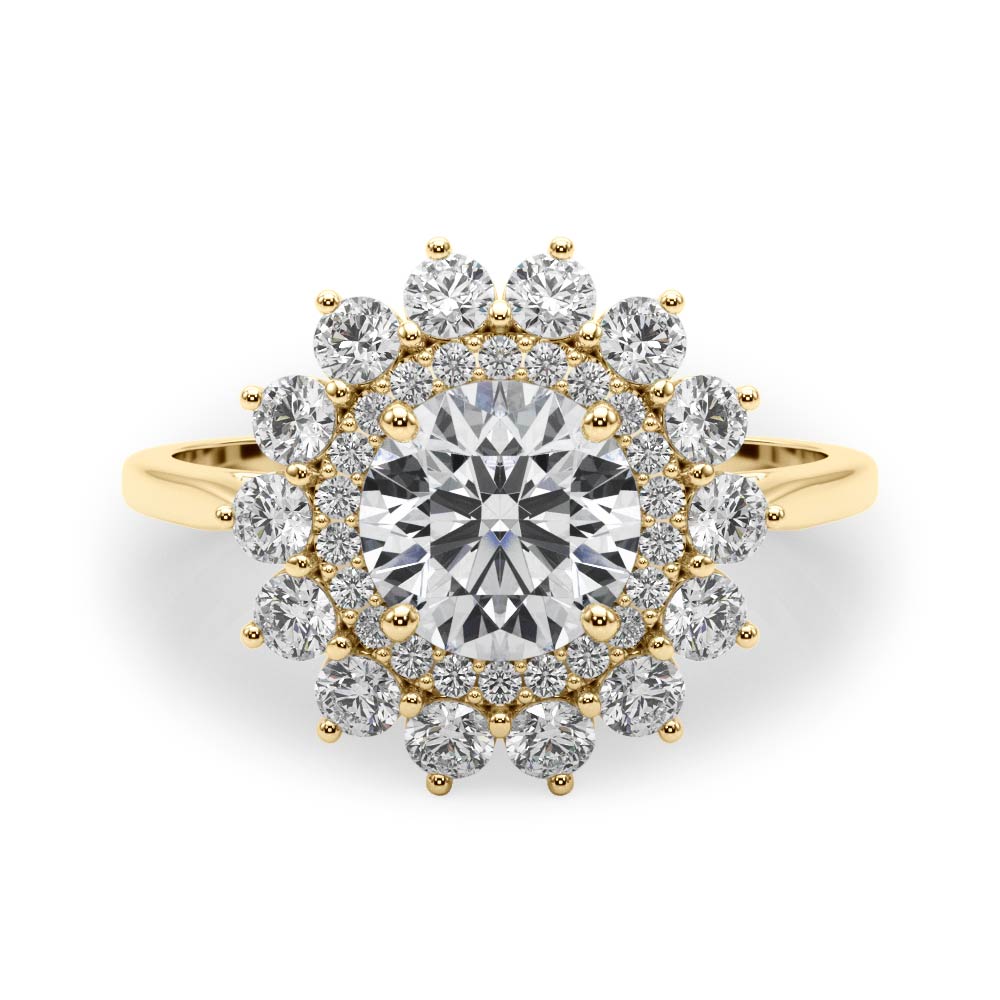 round cut diamond double halo engagement ring yellow gold