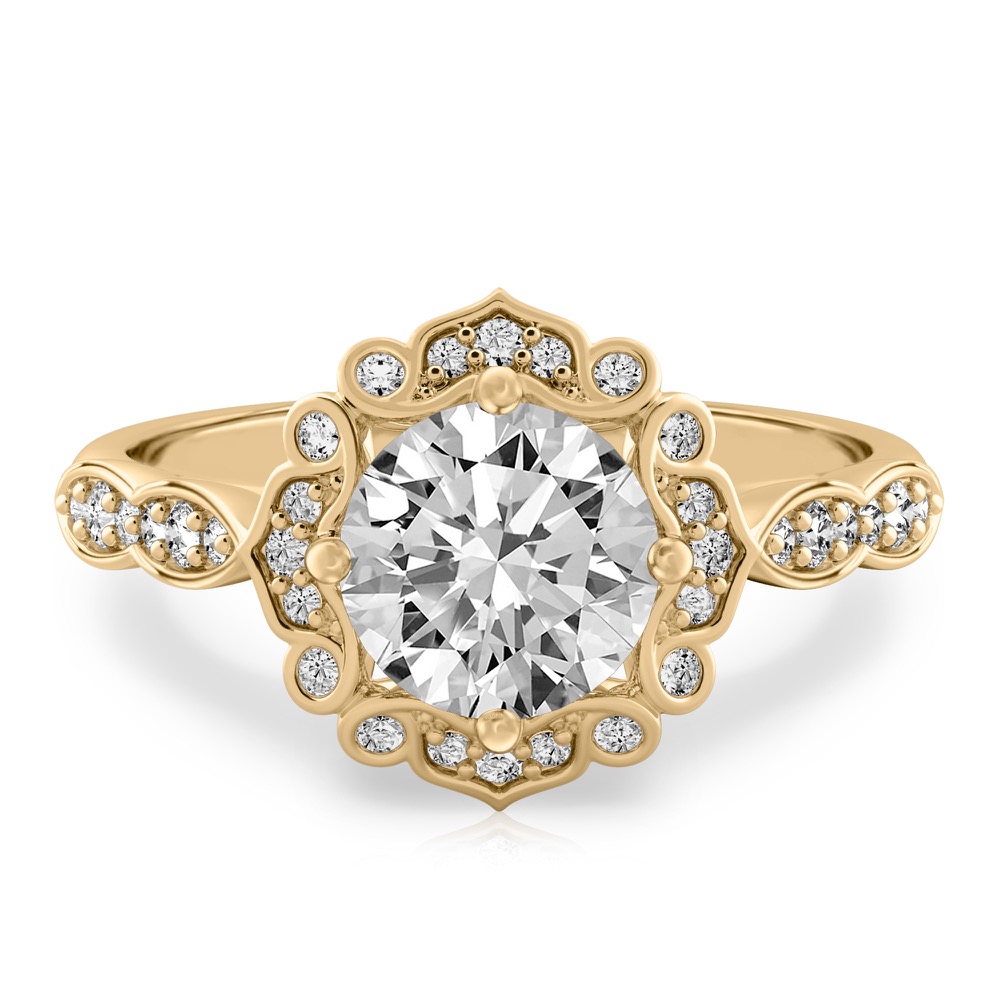 round cut diamond floral engagement ring in yellow gold