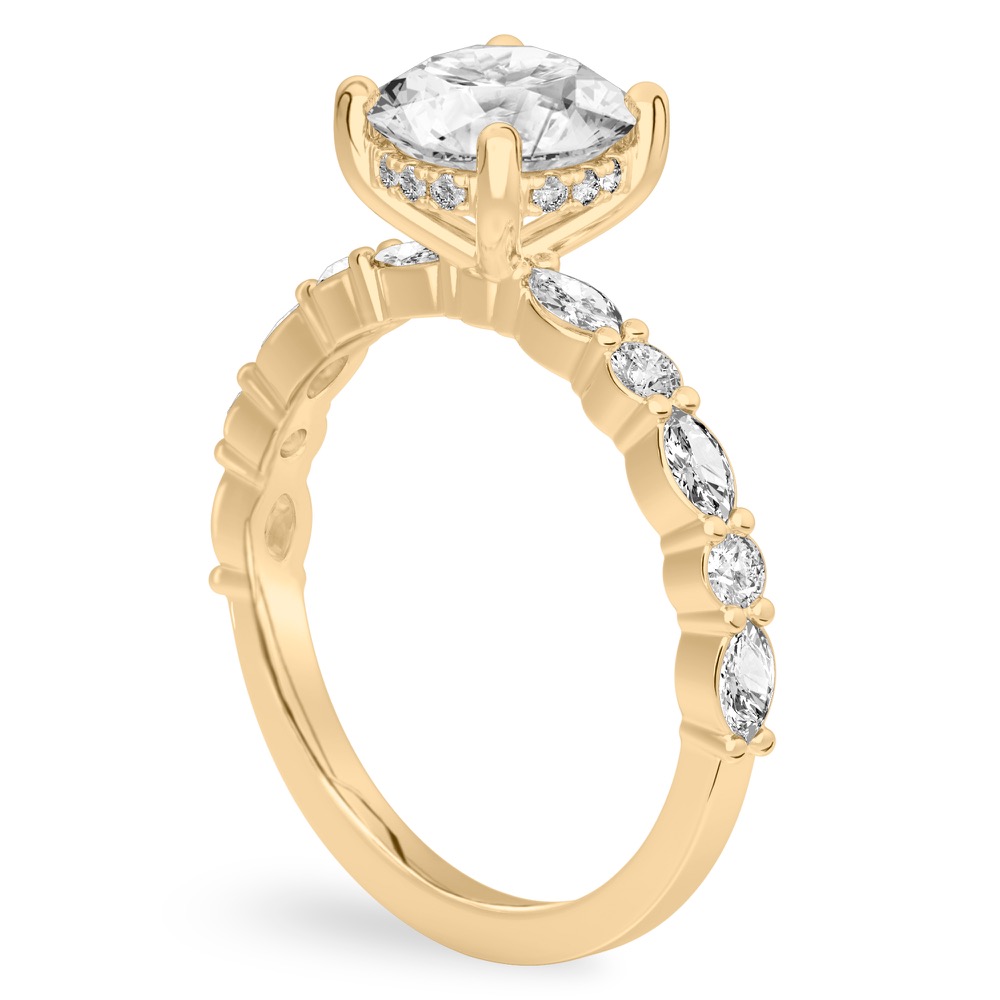 Angle view of round cut diamond hidden halo marquise and round diamond ring yellow gold