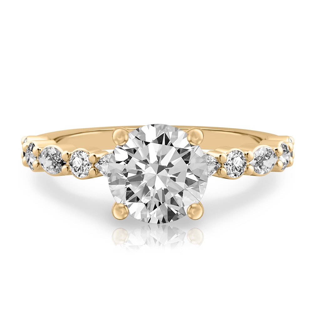 round cut diamond hidden halo marquise and round diamond ring yellow gold