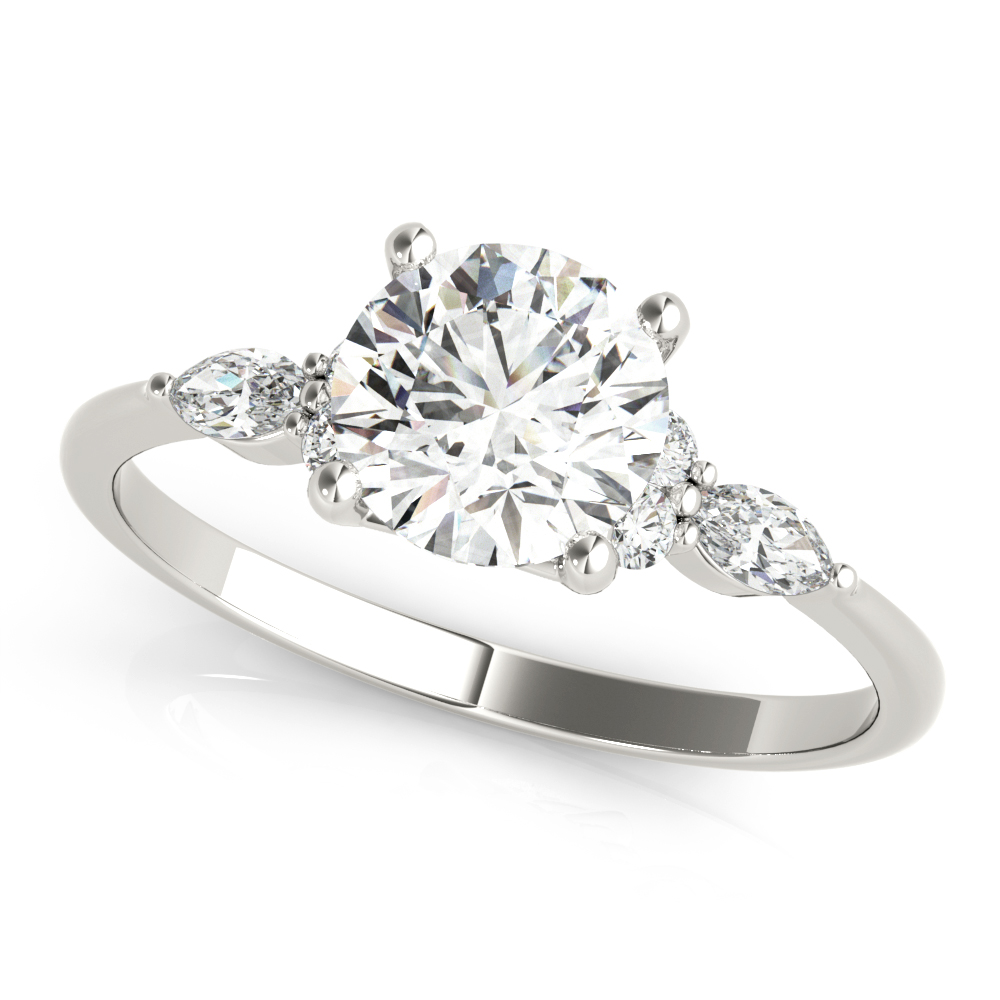 Angle view of round cut diamond marquise and round cluster engagement ring white gold