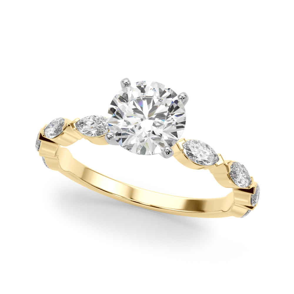 round cut diamond marquise band engagement ring yellow gold angle