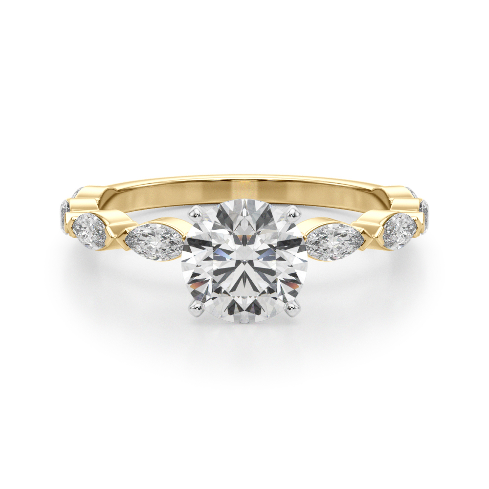 round cut diamond marquise band engagement ring yellow gold